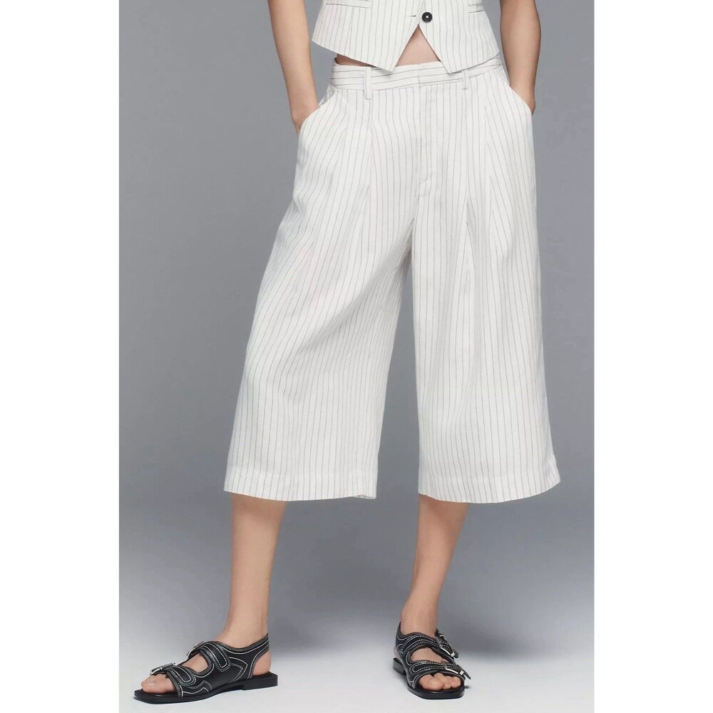 Maeve Anthropologie Women’s M Linen Blend Striped Wide Leg Cropped Pants White
